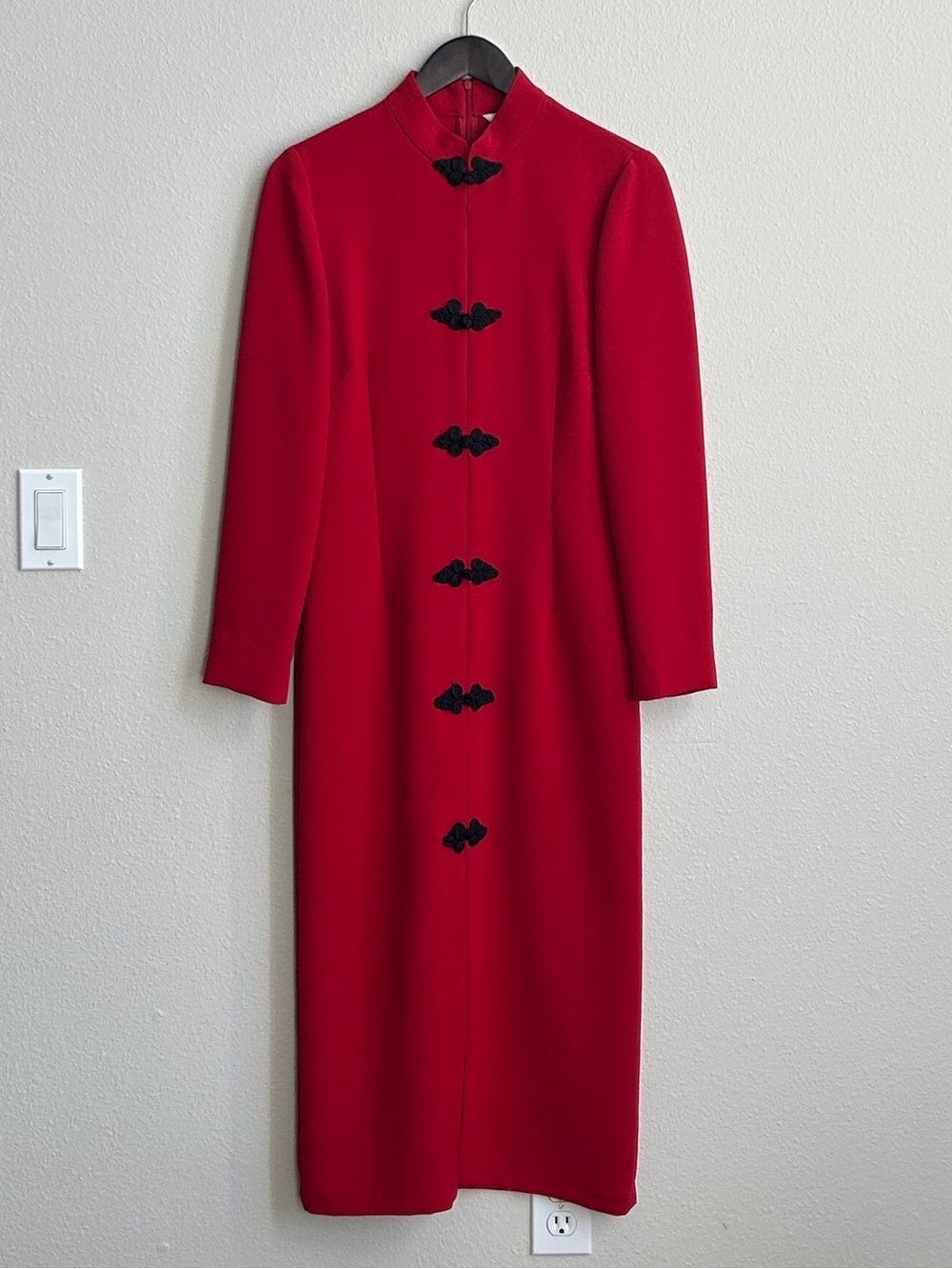 Zara Red Long Sleeve Mandarin Collar Dress with Black Frog Closures